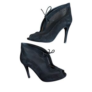 L.K. Bennett London Black Suede and Mesh Peep-Toe Stiletto Heel Booties Size 7.